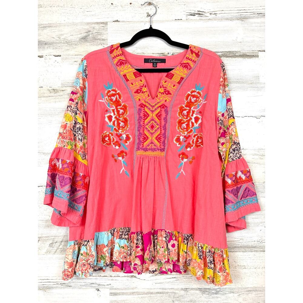 Caleaas Womens 1X Pink Multi Embroidered Floral Patchwork 3/4 Sleeve Boho Blouse